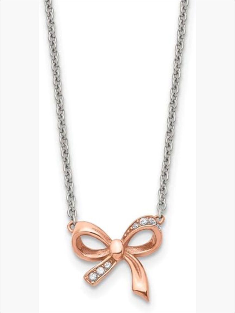 Stainless Steel Ip-Plated Cz Bow Pendant Necklace With 1.75in Extension